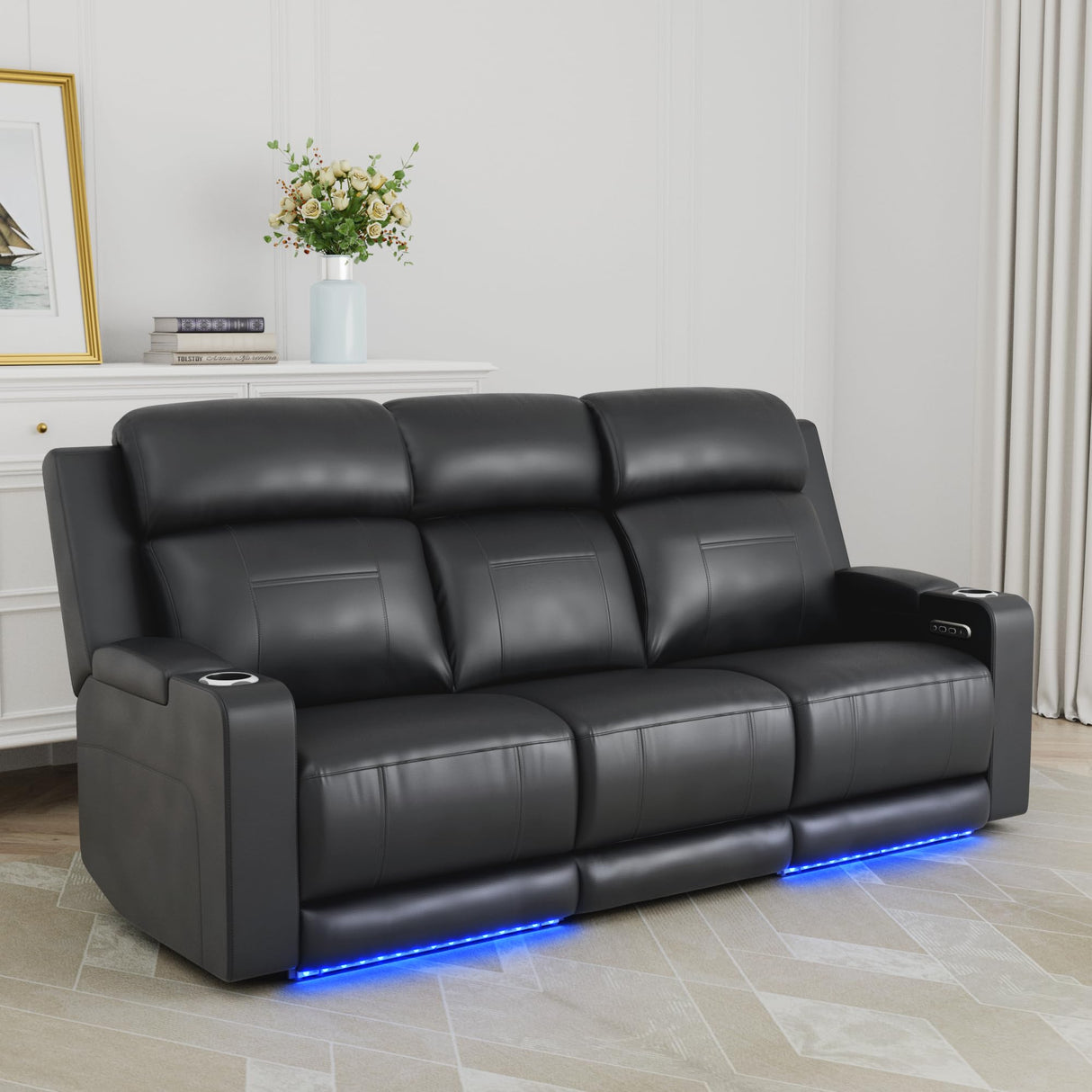 P.H.Furn Power Recliner Sofa, Home Theater Seating with Adjustable Headrest, Blue LED Lighting, Reclining Loveseat, Flip-Up Backrest Storage, Multi-Port Charger, Cup Holder, USB P.H.Furn