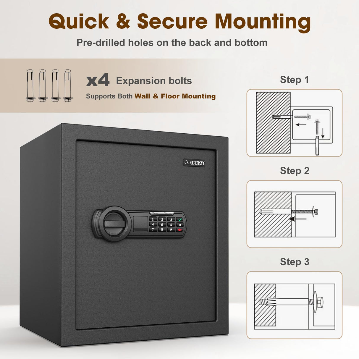 2.3 Cu.Ft Modern Fireproof Safe with Gun Rack – Dual Passwords, Fireproof Bag, Adjustable Shelf, Anti-Scratch Mat & Mounting Kit, Fits Laptop, Documents & Valuables, 15.75"D x 13.78"W x 13.78"H GOLDENKEY