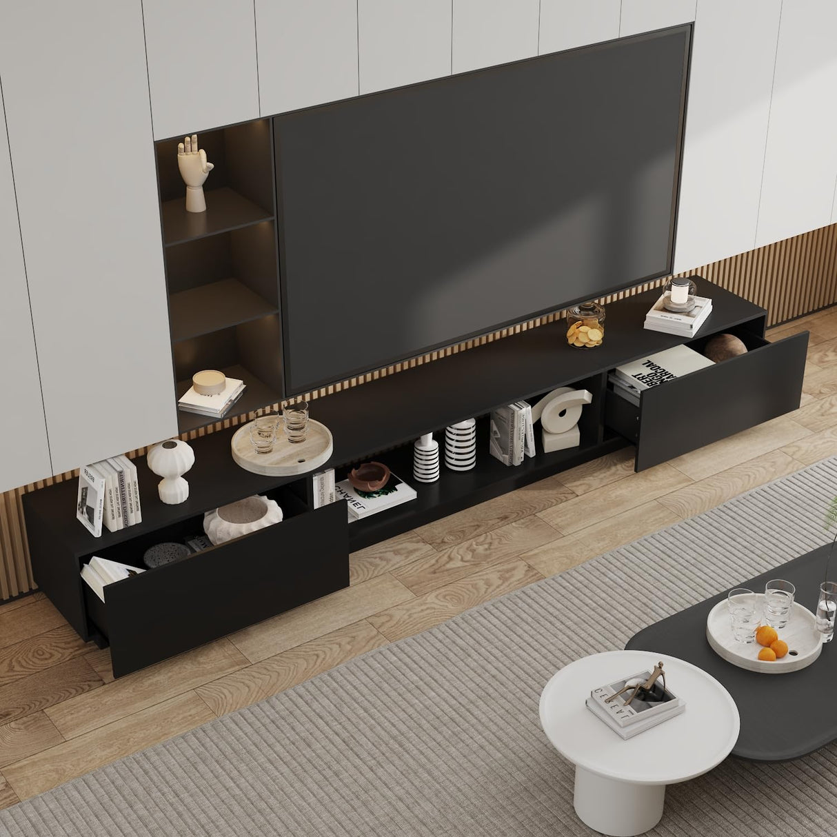 WOODTIME 109.4" W TV Stand for TVs up to 85 Inches, Extra Long Entertainment Center with 2 Large Drawers & Open Shelfs, Modern Wooden Media Console Cabinet for Living Room, Black WOODTIME