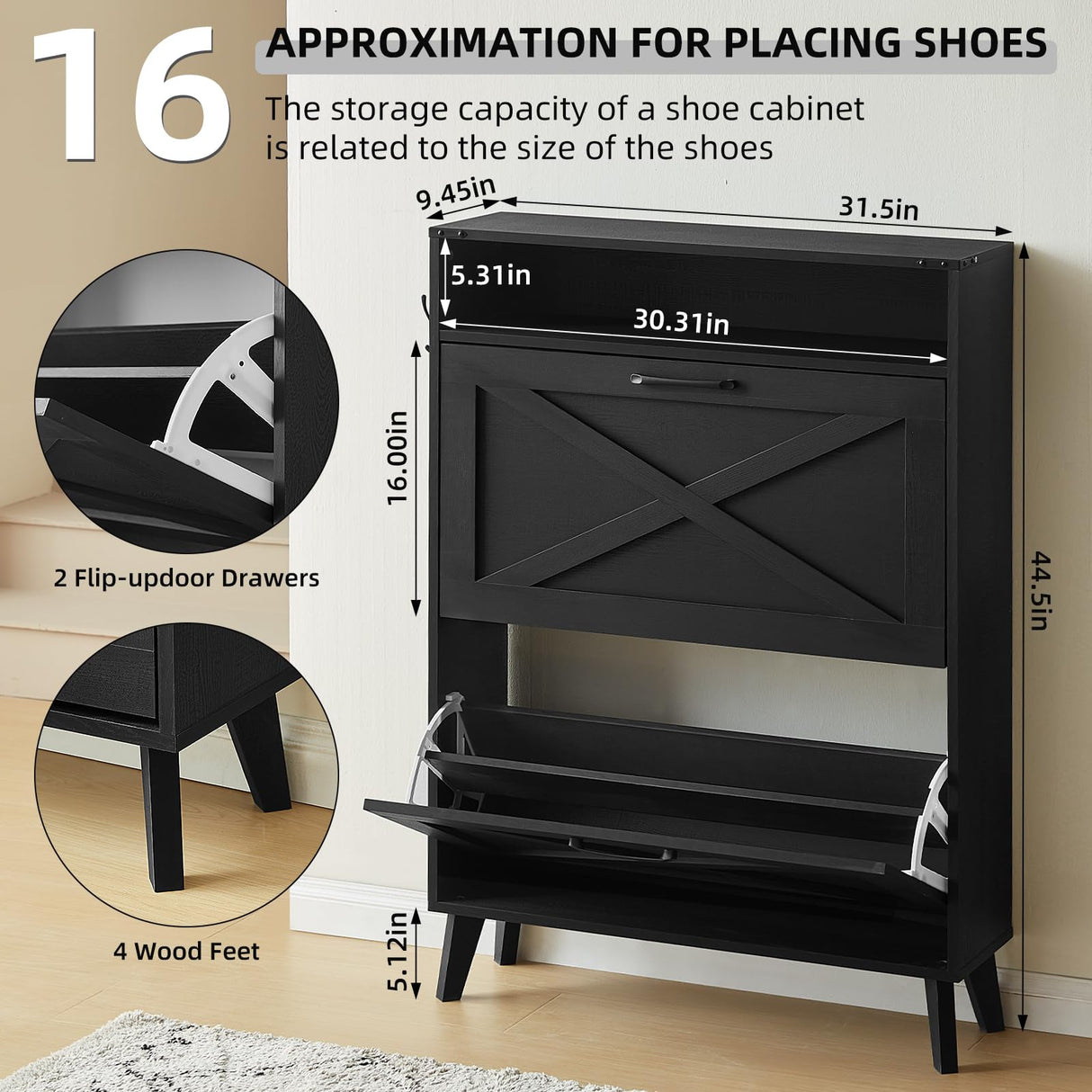 Joaxswe Shoe Storage Cabinet with 2 Flip Drawers, Farmhouse Shoes Organizer for Entryway, Narrow Hidden Shoe Rack with Wooden Legs & Open Storage, Free Standing Shoe Closet for Foyer, Hallway, Black Joaxswe