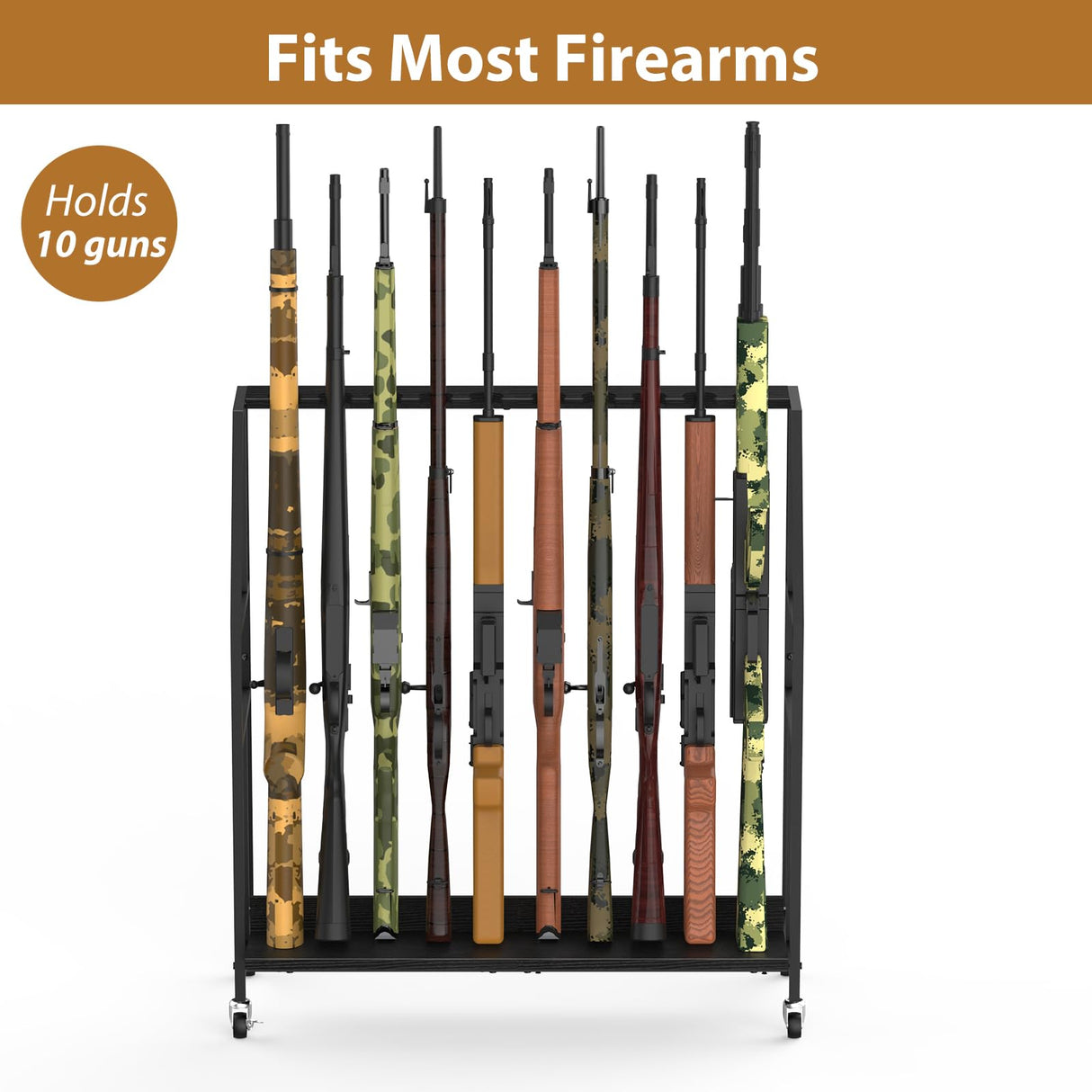 Gun Rack, Freestanding Floor Gun Stand with Metal Frame and Wheels, Wooden Adjustable Shotgun Rack Holds up to 10 Long Guns, Rifle Display Stand Storage Holder Indoor for Home Garage, Black HEOMU