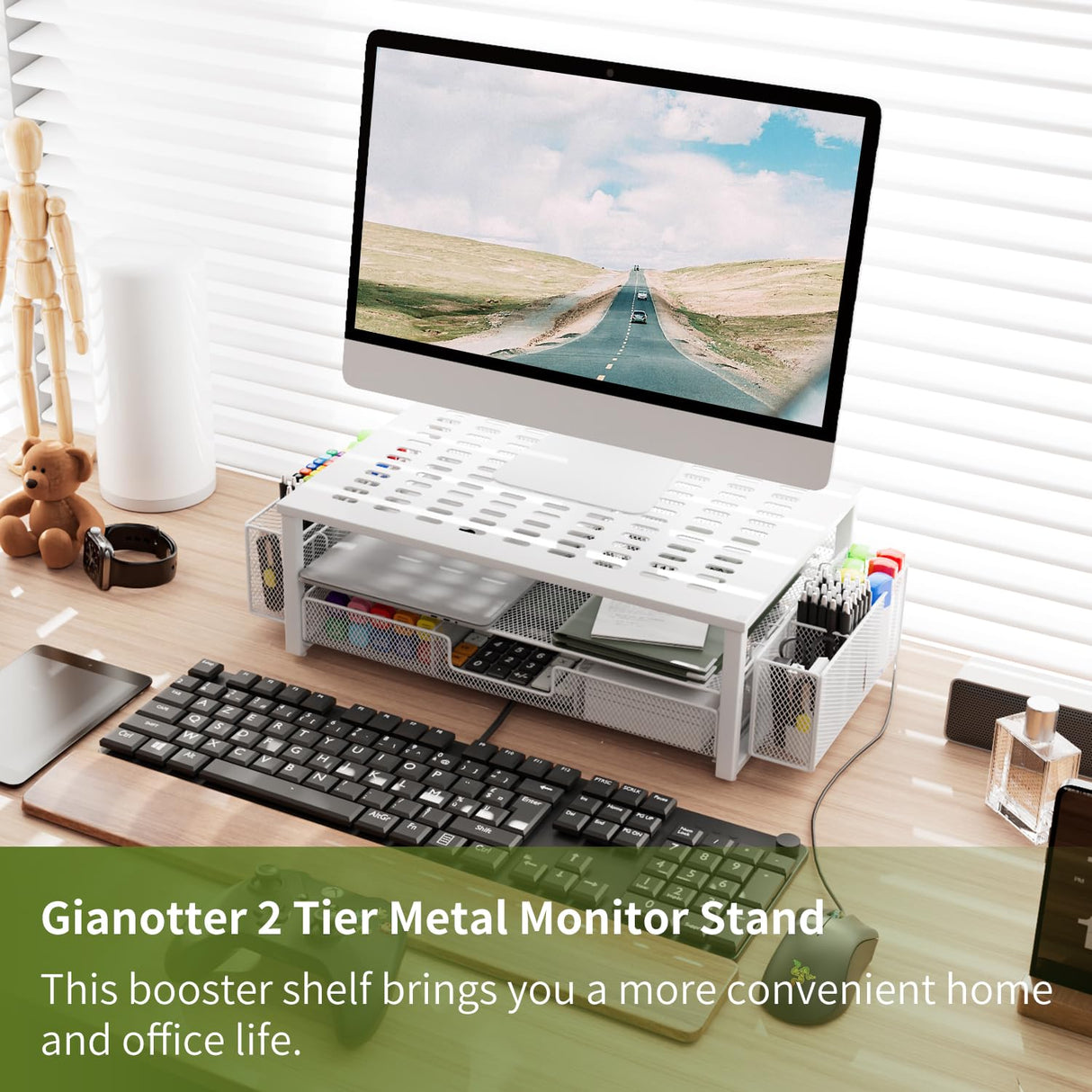 gianotter Monitor Stand Riser, Desk Organizer with Drawer and Pen Holder, 2-Tier Computer Stand, Desk Accessories & Workspace Organizers(White) gianotter