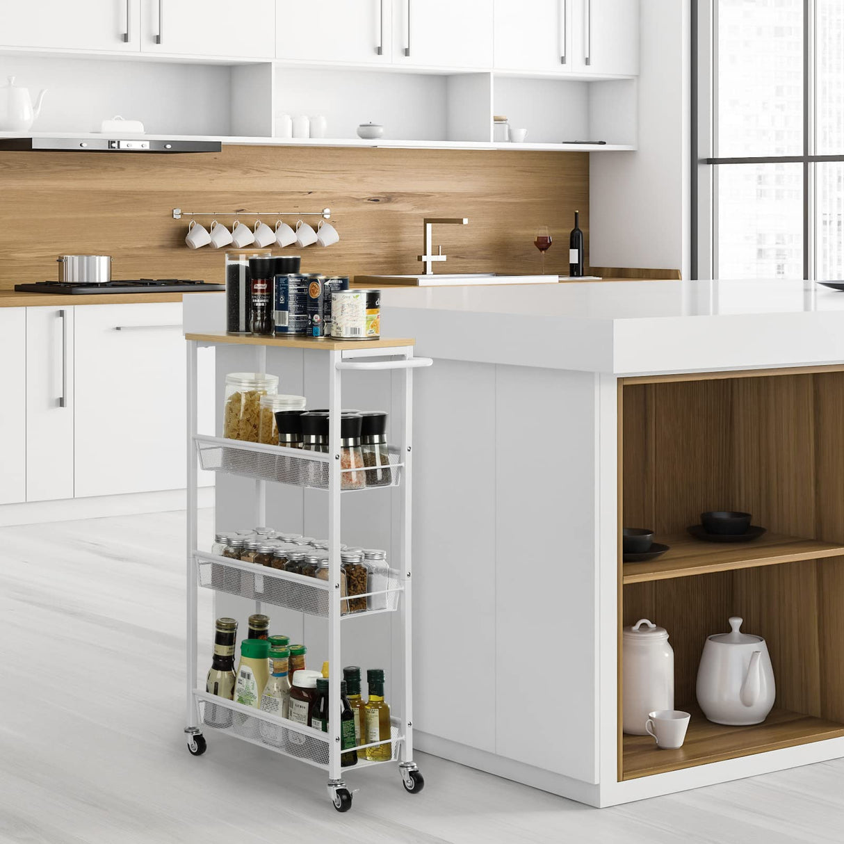 MOOACE Slim Storage Cart, 4 Tier Rolling Kitchen Shelving Unit on Wheels Mobile Narrow Cart with Wooden Tabletop for Bathroom, Laundry Narrow Places, 16.6''x 7.3''x 31.1''inch - White MOOACE
