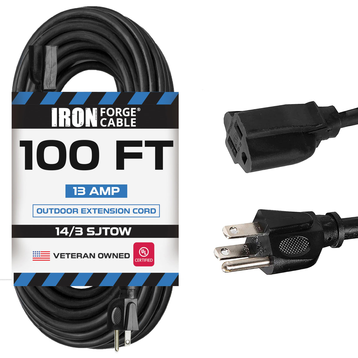 IRON FORGE CABLE Outdoor Extension Cord 100 ft - 14 Gauge 13 Amp Heavy Duty Power Extension Cords - SJTOW - Oil Resistant - Black -Great for Major Appliances, Farms & Ranches IRON FORGE CABLE