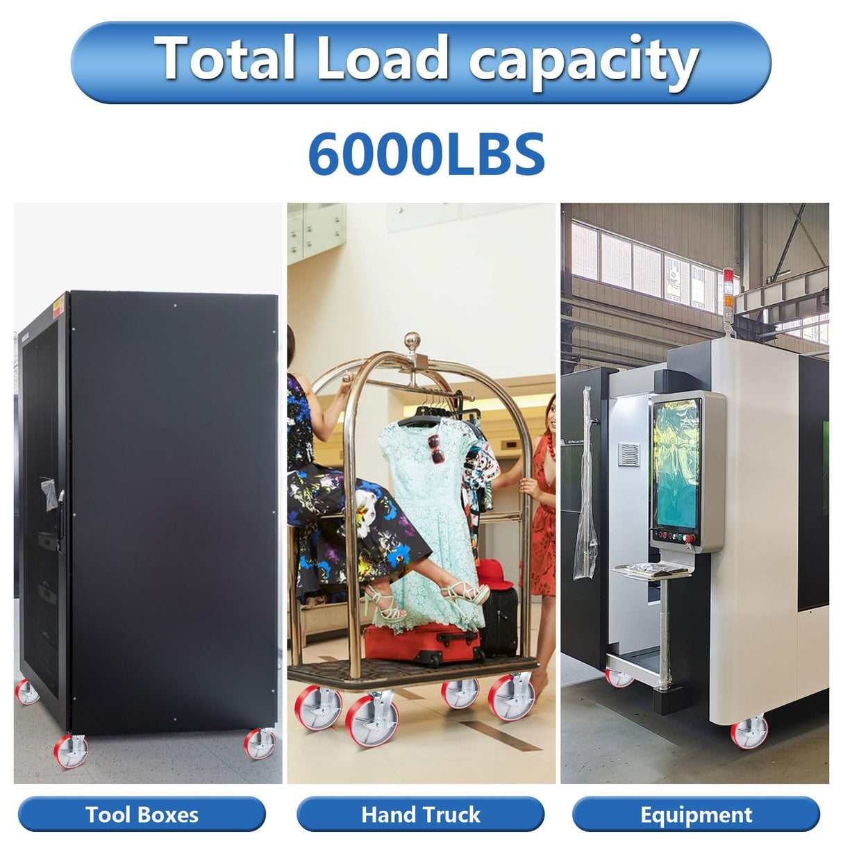 Nefish 8 Inch Industrial Casters Set of 4, Heavy Duty Casters with Brake 6000 Lbs, No Noise Polyurethane Wheel on Steel Hub, Swivel Plate Caster Wheels for Toolbox Workbench (4 Swivel & Brakes) Nefish