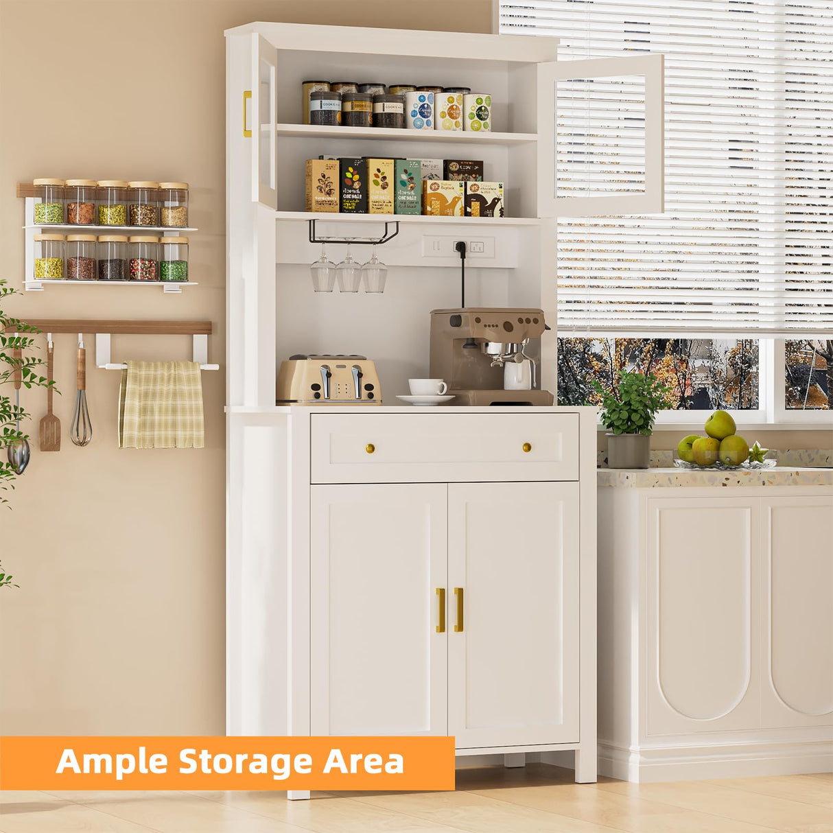 Yeyawomy 72" Tall Kitchen Pantry Cabinet with LED Light and Power Outlets, Farmhouse Large Storage Cabinet, Microwave Stand with Storage, Adjustable Cabinet Shelf, Kitchen Pantry White Modern Style Yeyawomy