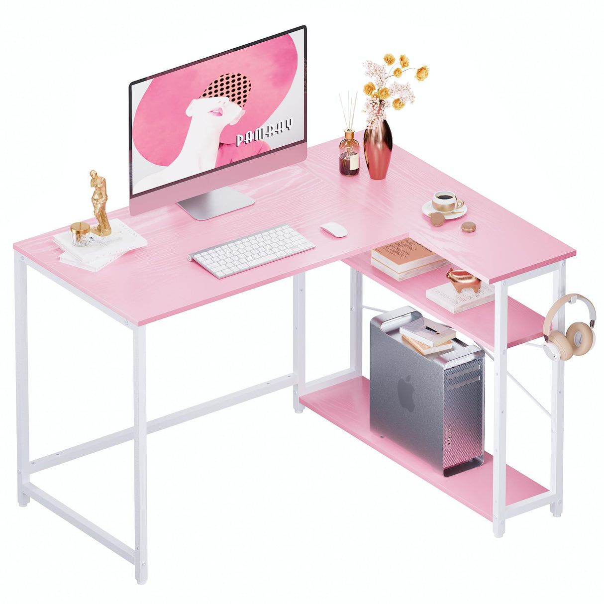 Pamray 43 Inch L Shaped Computer Desk with Reversible Side Storage Shelves, Small Corner Desk for Small Space Home Office,Writing Study Table PC Desk for Bedroom,Pink with White Leg Pamray
