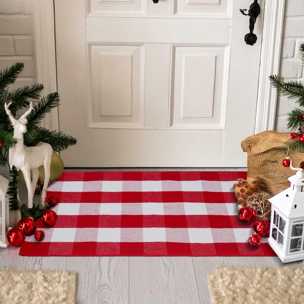 Christmas Red and White Plaid Rug 27.5 x 43 Inches, Hand-Woven Indoor/Outdoor Layered Cotton Blend Buffalo Plaid Rug, Washable Front Door Mat, Perfect for Porch, Living Room, Entryway PIXFAIRY