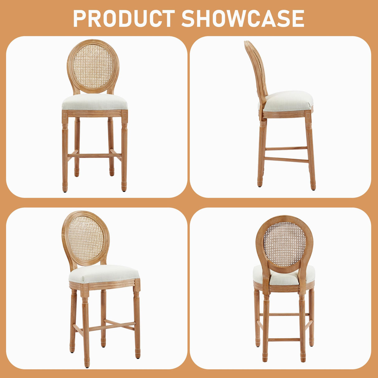 Kiztir French Country Bar Stools Set of 2 Farmhouse Rattan Counter Height Bar Stools with Round Back Upholstered Mid Century Barstools for Kitchen Island, Bar Kiztir