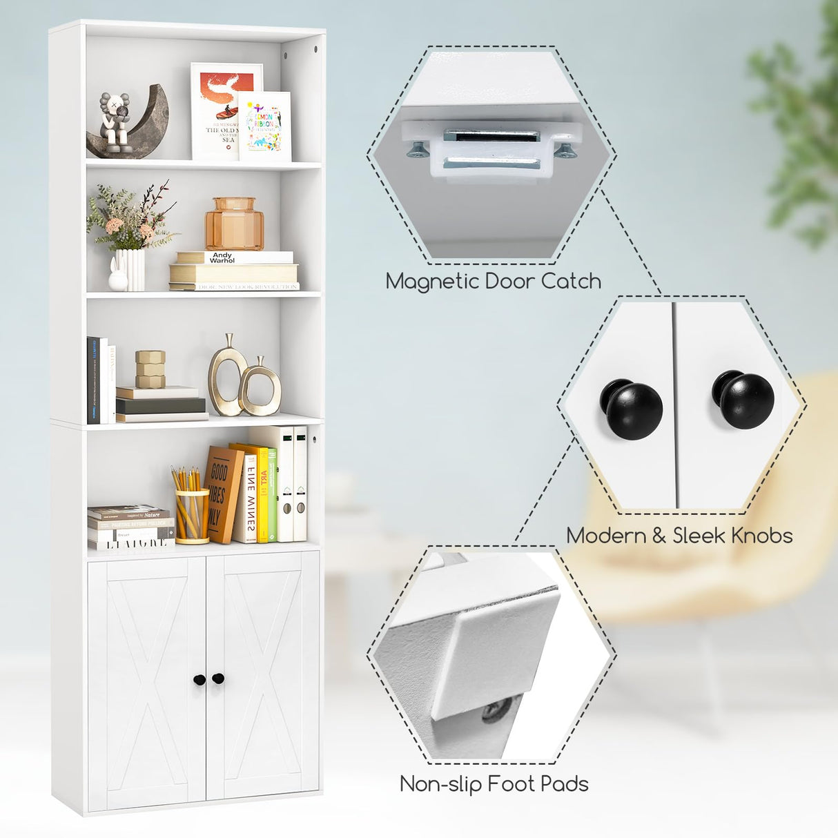 Tangkula Tall Bookcase with Doors, Farmhouse 71" H Freestanding Bookshelf with 6 Shelves & 2-Door Cabinet, Display Shelf with Adjustable Shelf for Living Room Study (White, 71") Tangkula