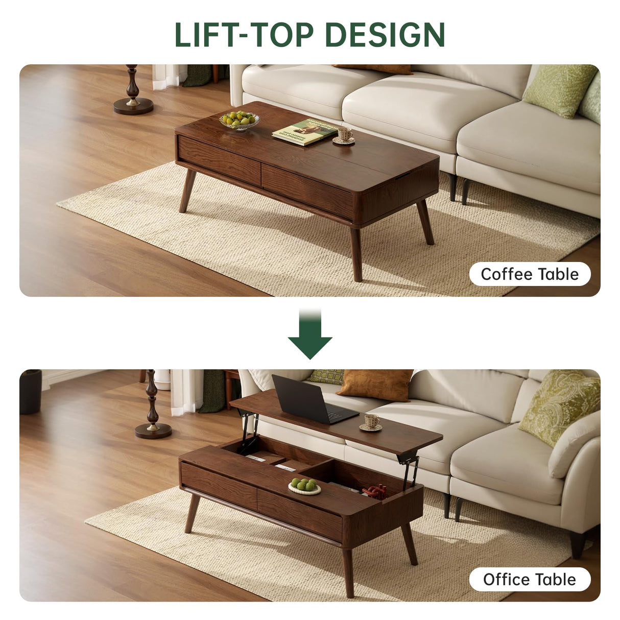 Lift Top Coffee Table, 100% Solid Oak Wood Walnut Coffee Table with Drawers and Hidden Compartments, Rectangular Coffee Tables with Storage for Living Room Home Decor (39.37" L x 21.65" W x 25.59" H) Wayshome