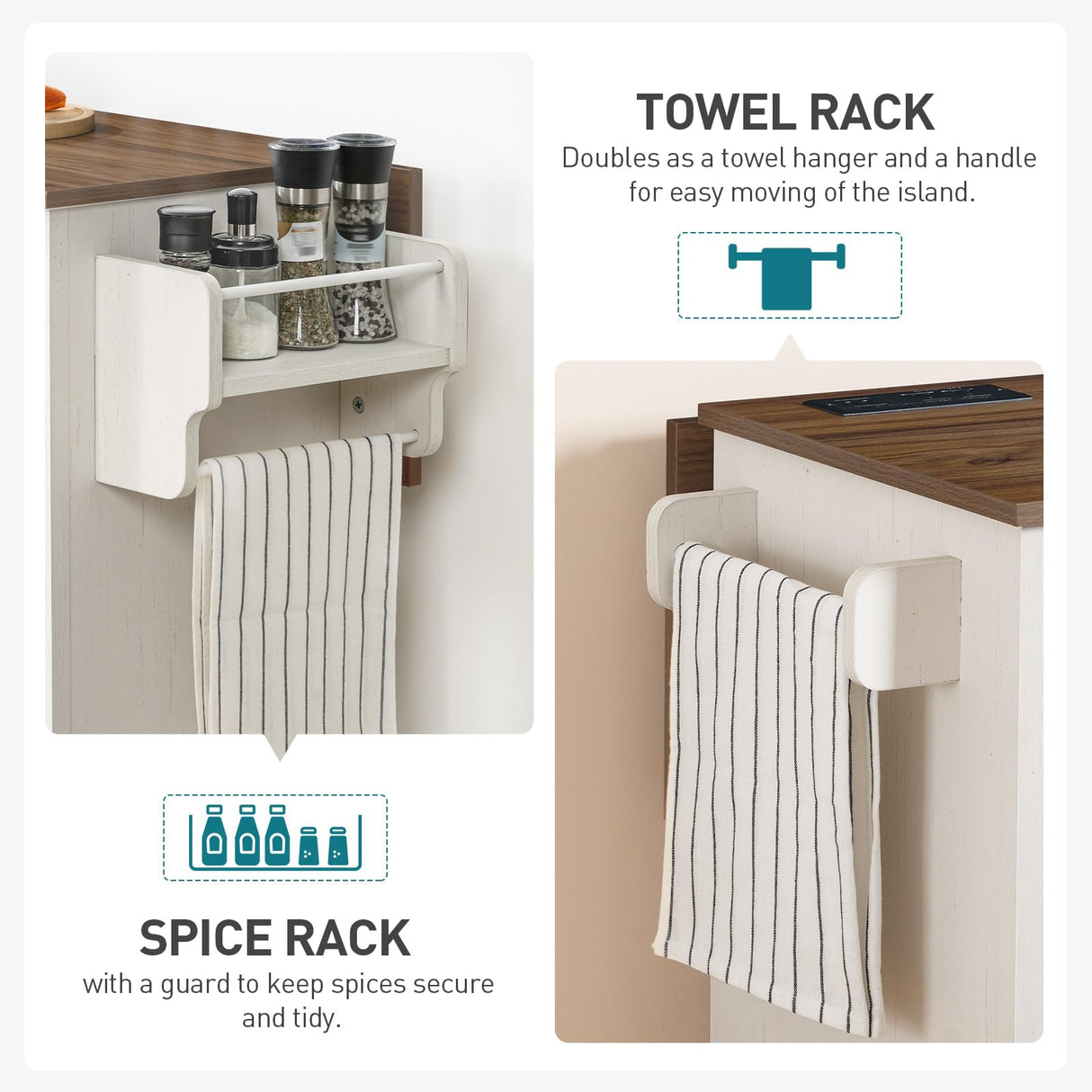 RALGEND Kitchen Island with Storage, Kitchen Cart with Charging Station, Rolling Kitchen Island Table with Drop-Leaf, 3 Drawers, Barn Doors, Towel Rack and Spice Rack, White and Walnut RALGEND