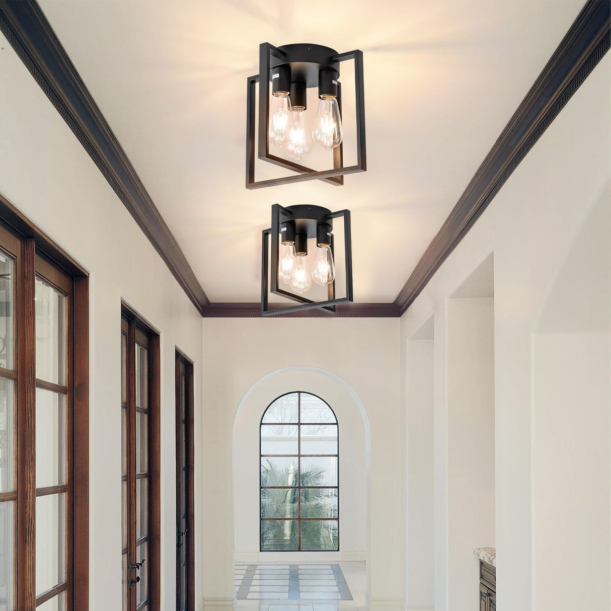 LEIP 3-Light Ceiling Light Fixture, Semi-Flush Mount Light with Contemporary Geometric Metal Cage, Farmhouse Industrial Lighting for Kitchen Living Room Bedroom Hallway Foyer, E26 Black LEIP