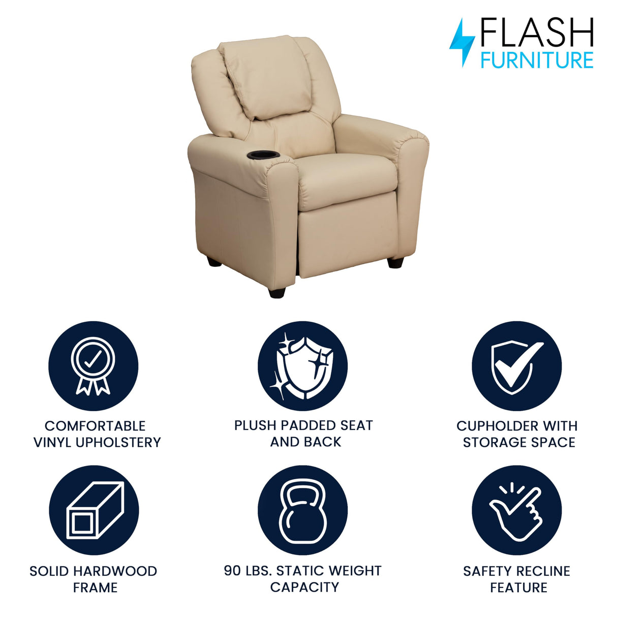 Flash Furniture Vana Vinyl Kids Recliner with Cup Holder, Headrest, and Safety Recline, Contemporary Reclining Chair for Kids, Supports up to 90 lbs., Beige Flash Furniture