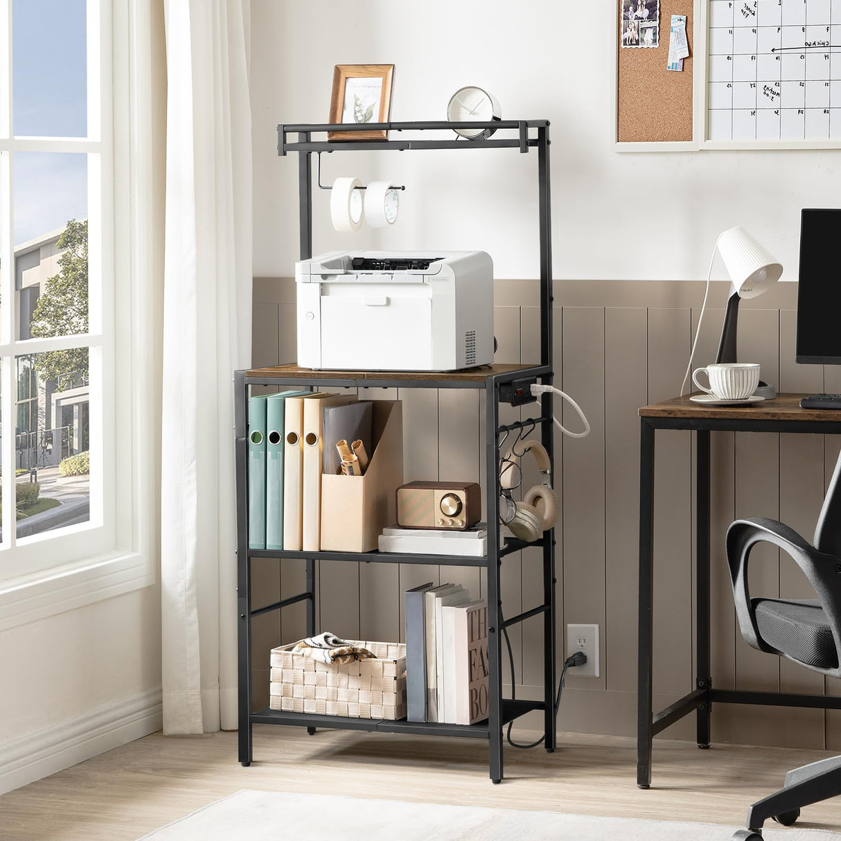 MAHANCRIS Bakers Rack with Power Outlet, Kitchen Storage Shelf with Paper Holder, Microwave Stand, Coffee Bar with 6 Hooks, Socket with Switch, for Kitchen, Dining Room, Rustic Brown BRHR36E01 MAHANCRIS