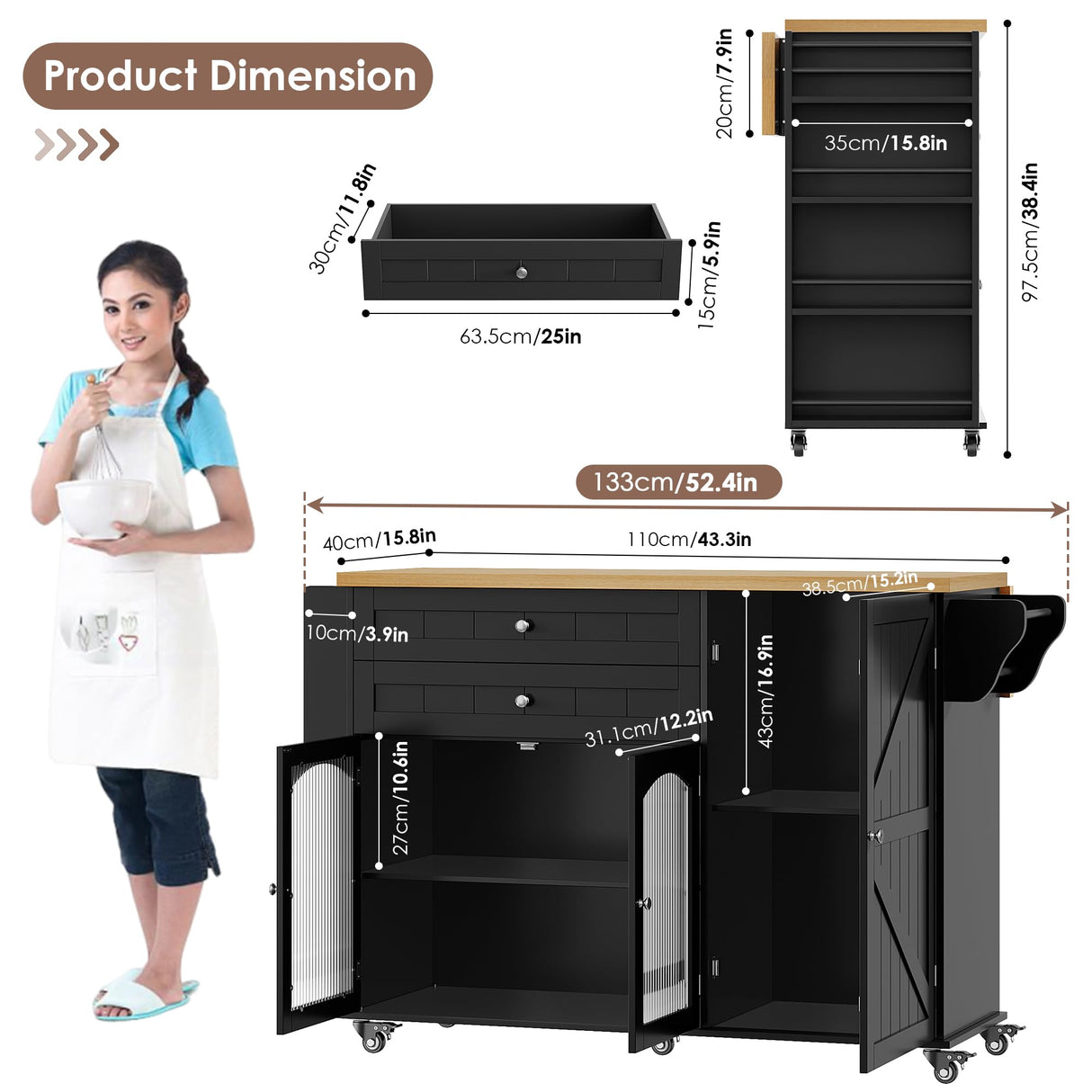 FINETONES Kitchen Island with Storage, Rolling Kitchen Island on Wheels with Wood Drop Leaf Countertop, Island Table Bar Cart with Spice Towel Rack Portable Kitchen Table Kitchen Carts on Wheels FINETONES