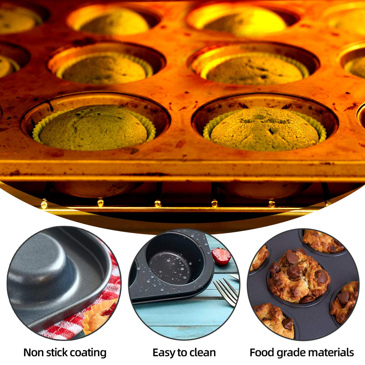 Muffin Pan, 12 Cupcake Pan, 2 Sets of Nonstick Brownie Bakeware Muffin Tin, Cupcake Tray, Baking Pan for Kitchen Oven, Black 13.9 x 10.5 x 1.2 inches Cemueo