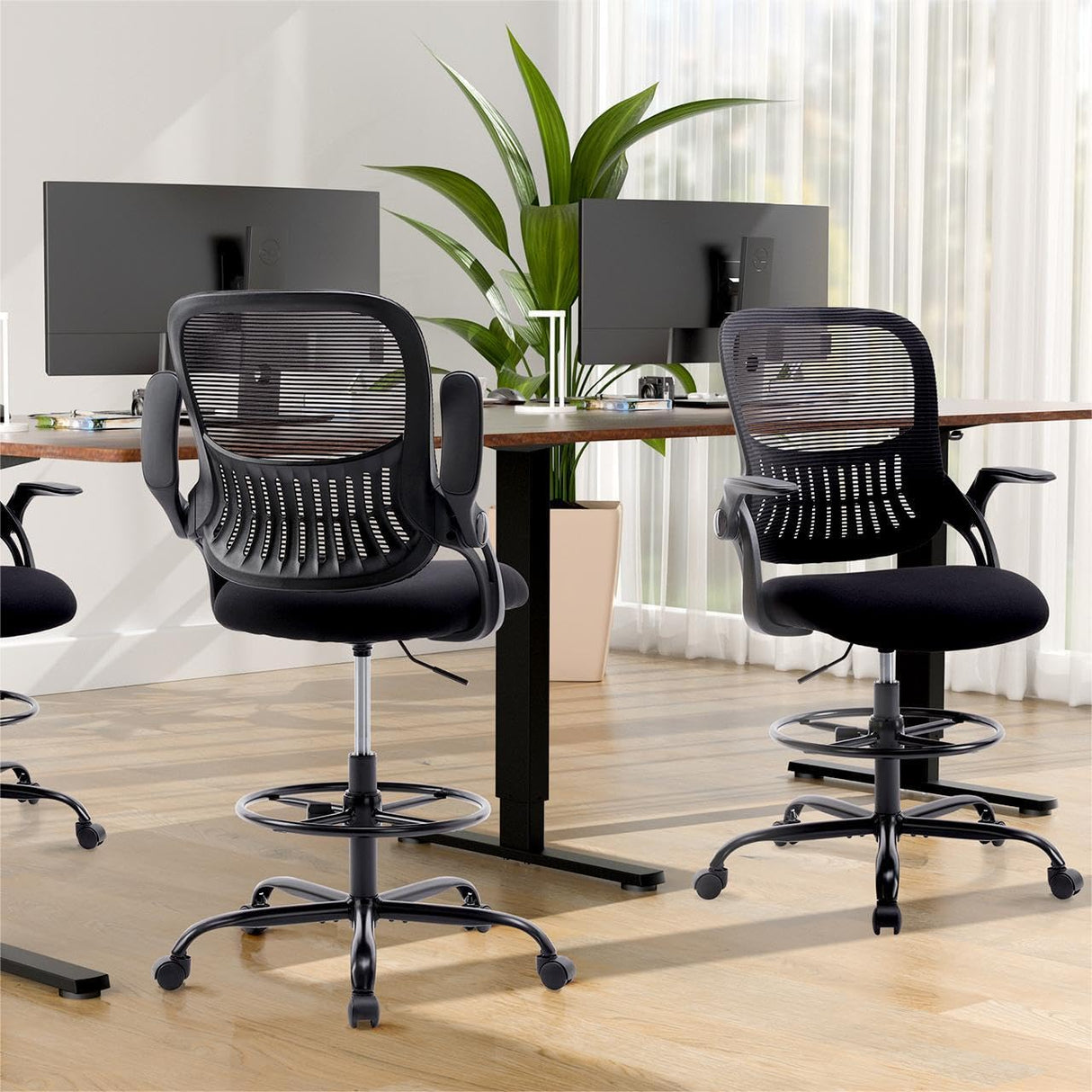 Sweetcrispy Tall Drafting Desk Chair - Ergonomic High Stool Computer with Adjustable Height and Comfy Lumbar Support, Office Rolling Counter for Standing Desk with Flip-up Arm and Footrest, Black Sweetcrispy