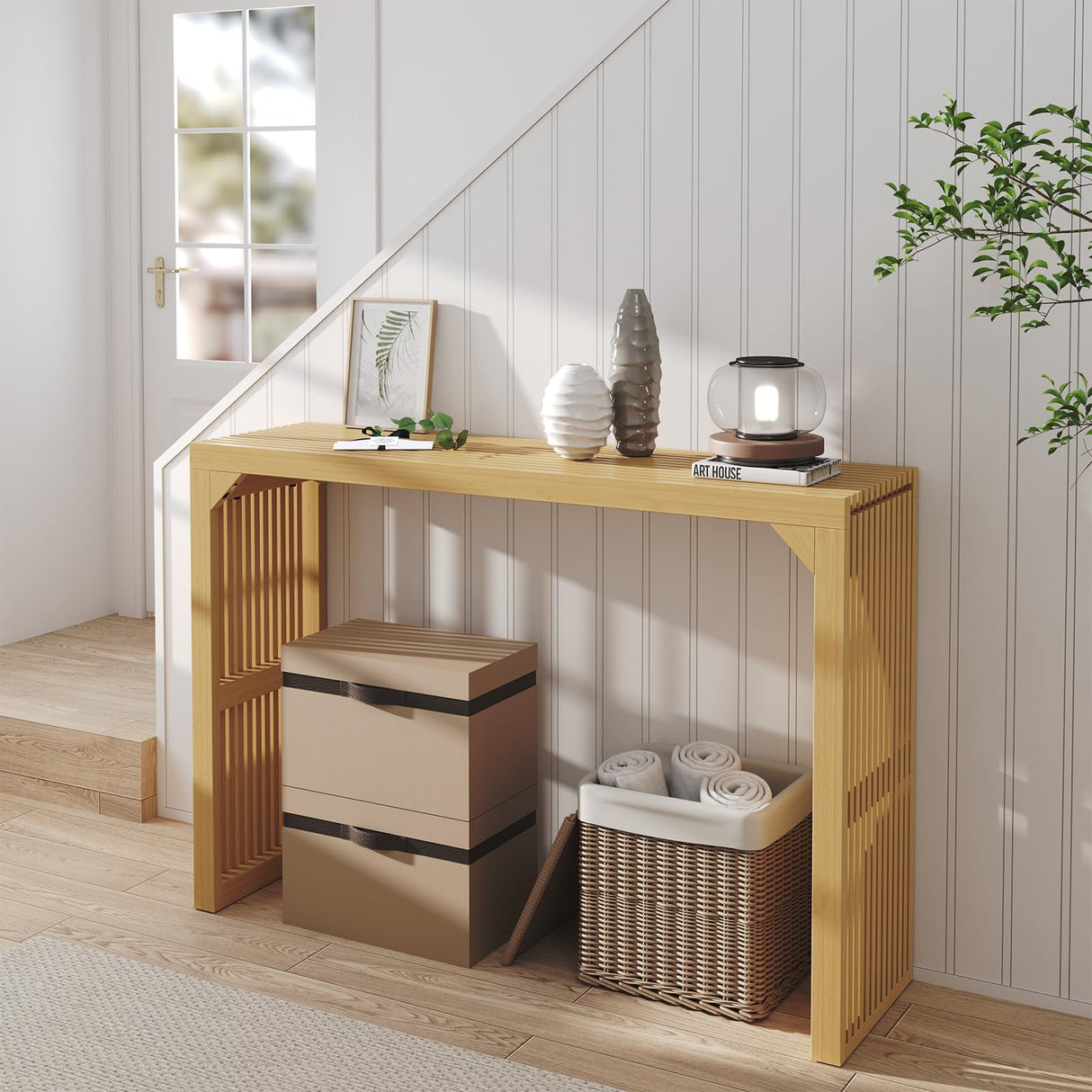 ROOMTEC Narrow Console Tables for Entryway, 46" Solid Wood Console Table Behind Couch, Farmhouse Entryway Table with Storage, Console Tables for Living Room, Hallway, Foyer (Nature, Console Table) ROOMTEC