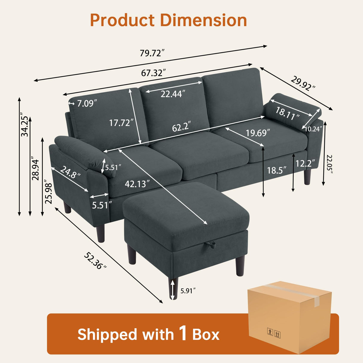 Enobala 79" Convertible Sectional Sofa, Modern L Shaped 3 Seat Couch with Reversible Ottoman for Living Room (#Dark Grey) Enobala
