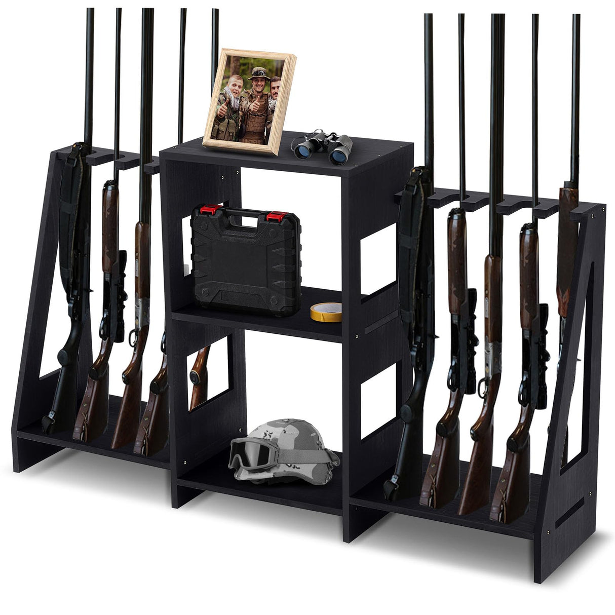 DoubleFill Gun Rack Wooden Display Stand Rifle Rack for Garage Storage Holds 10 Long Guns and Accessories Organizer for Shooting Clubs, Hunting DoubleFill