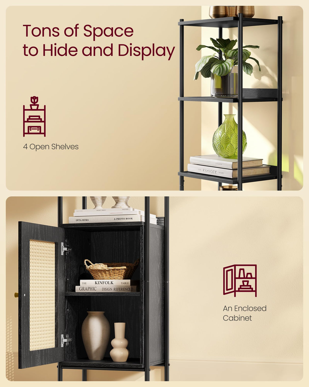 VASAGLE Slim 6-Tier Bookcase with PC Door and Adjustable Shelves in Ebony Black and Matte Black VASAGLE