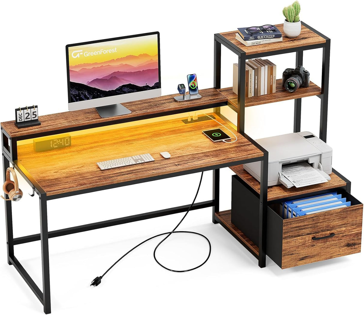 GreenForest Office Desk with Power Outlets and Printer Shelf, 59 inch Computer Desk with LED and Drawer, Reversible Gaming Desk with Storage for Home Study Working,Walnut GreenForest