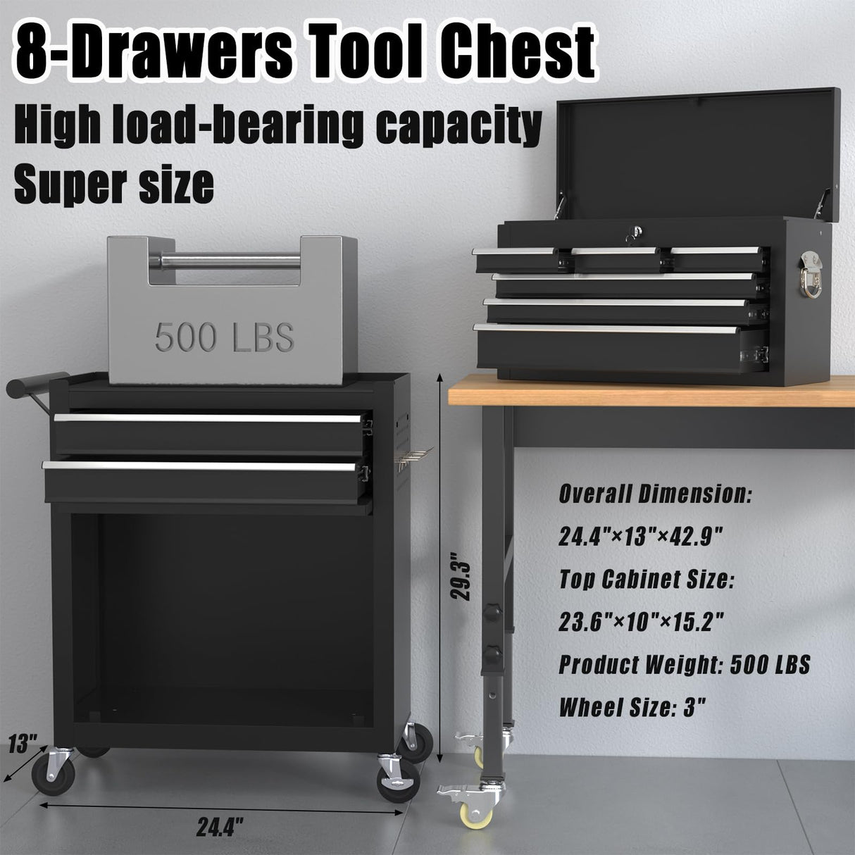 Wanmwill Tool Chest, 8-Drawer Rolling Tool Storage Cabinet with 2 in 1 Detachable Top Tool Box, Liner, Lockable Wheels, Side Hooks, Locking Mechanism, Metal Tool Cart for Garage (Black) Wanmwill