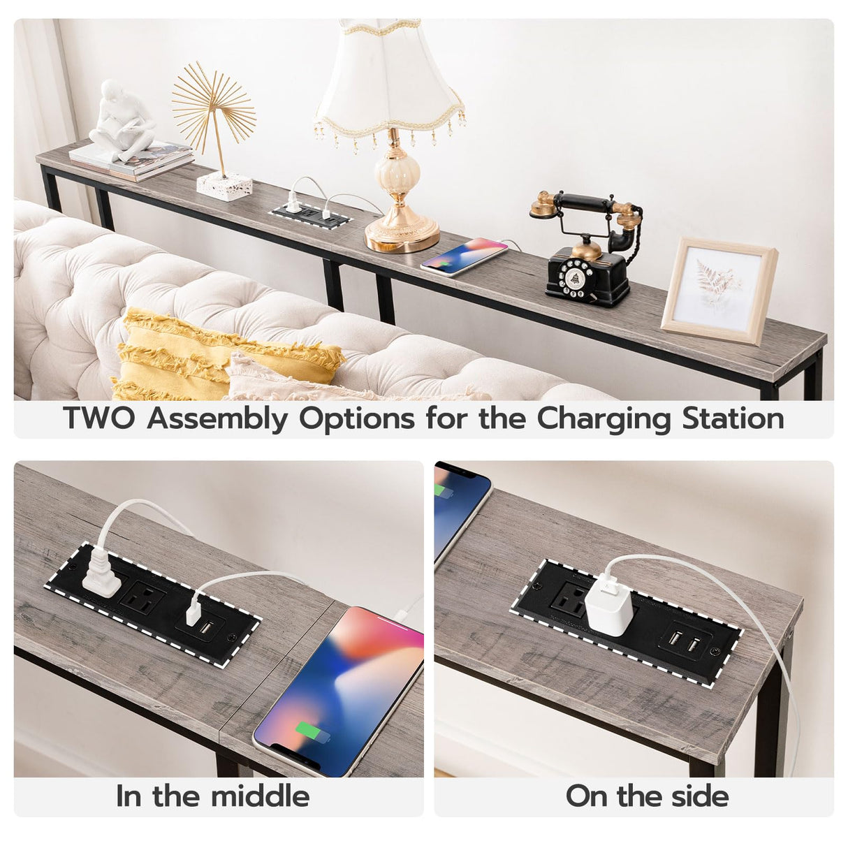 HOOBRO 5.9" Skinny Console Table with Charging Station, 63" Narrow Sofa Table with Power Outlets, Long Behind Couch Table, Slim Entryway Table for Hallway, Living Room, Greige and Black BG165UXG01 HOOBRO