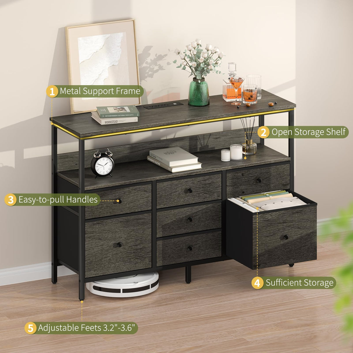 Yoobure TV Stand Dresser for Bedroom, 7 Fabric Drawers Entertainment Center, LED Dressers with Power Outlets, TV Stands for Living Room with Storage Shelf, TV Console Entertainment Stand up to 50" TV Yoobure