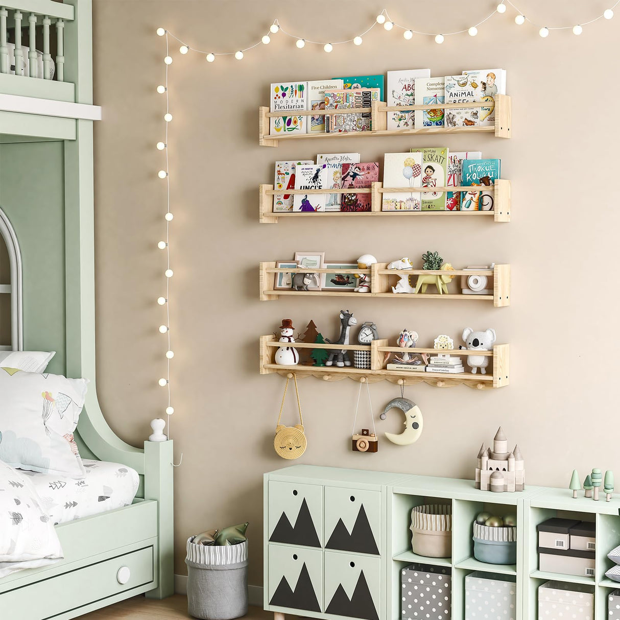 ECOOCE 34Inch Nursery Bookshelves,Set of 4,Wall Floating Shelf Kids Coat Rack with 6Hooks,Hanging Book Shelf for Baby Nursery Room Décor, Patent Number: 29958098(Burlywood, 34) ECOOCE