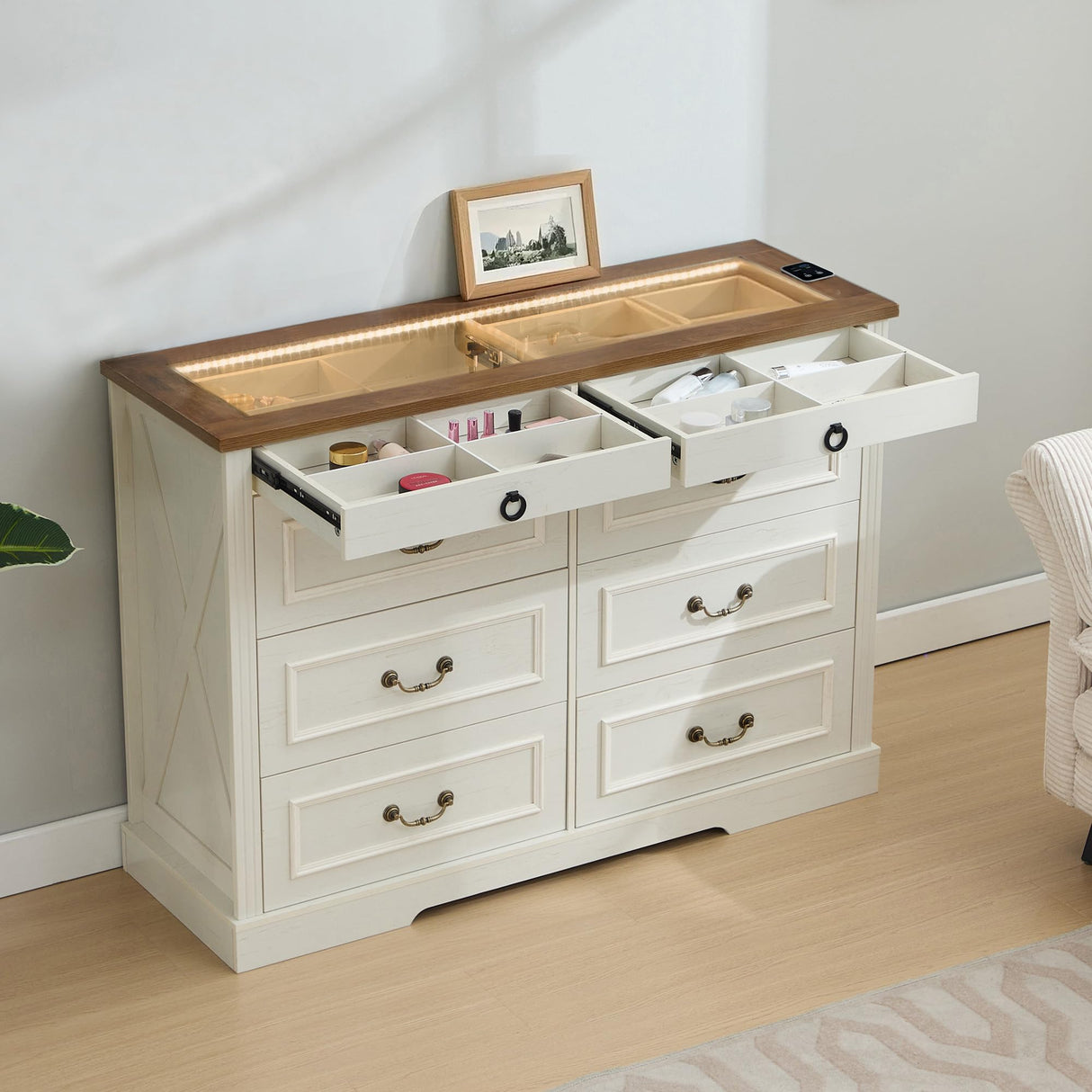 Tltaroni Farmhouse 8 Drawer Dressers, Wooden Chest of Drawers with Glass Top LED Light Charging Station Human Sensor Storage Organizer for Living Room Bedroom and Hallway, Antique White Tltaroni