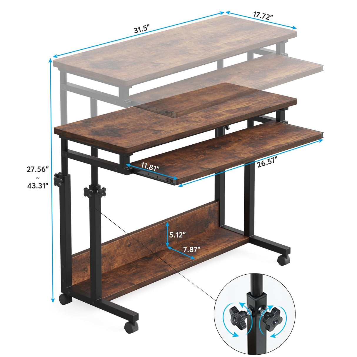 Tribesigns Portable Desk for Sofa and Bed, Height Adjustable Laptop Table Small Standing Desk Rolling Computer Cart with Keyboard Tray on Wheels for Home Office Tribesigns