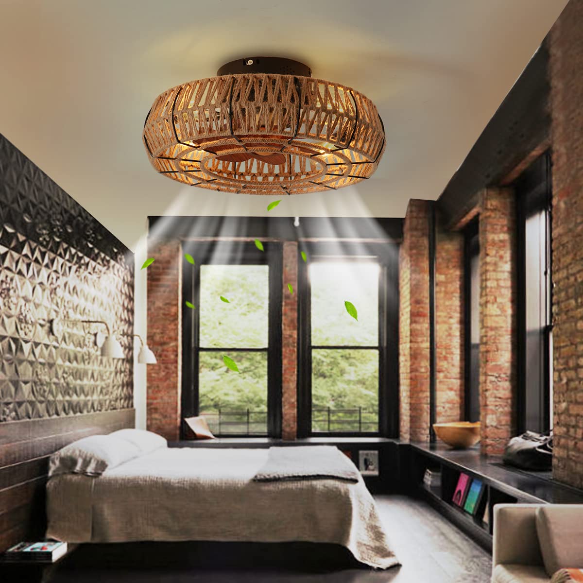 Letmarey 20" Caged Ceiling Fans with Lights and Remote, Boho Flush Mount Ceiling Fan with Light, Low Profile Chandelier 6 Speed Bladeless Reversible Ceiling Fan w/ 4 Bulbs. for Living Room Bedroom. Letmarey