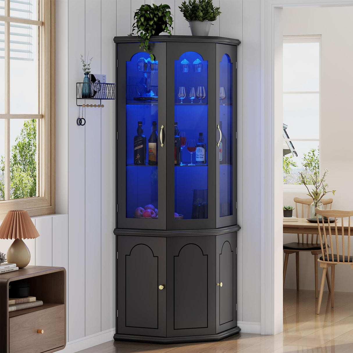 Gyfimoie Corner Bar Cabinet w/LED Lights, Tall Modern Wine Cabinet with Tempered Glass Door & Adjustable Shelves, Home Bar Liquor Storage Cabinet with Glass Rack for Living Room, Dining Room (Black) Gyfimoie