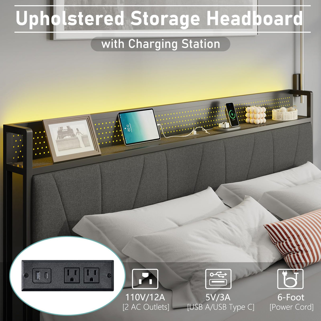 Albott King Size Lift Up Storage Bed Frame, Modern RGB LED Light Platform Bed Frame with Charging Station/Linen Upholstered Headboard/No Box Spring Needed, Black Albott