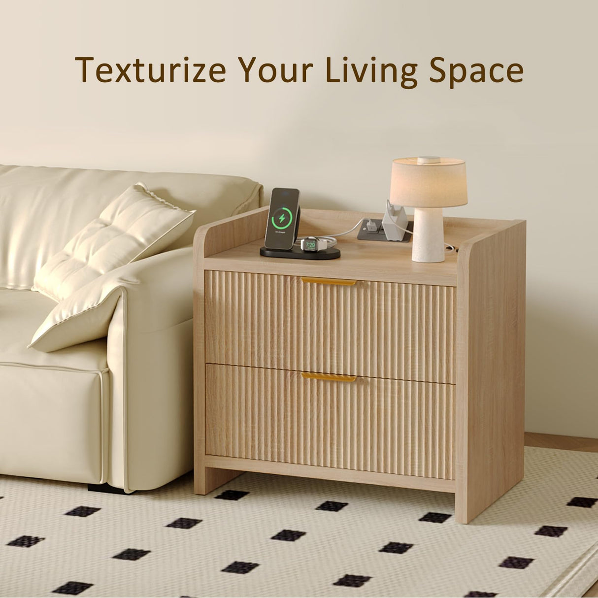 SEPTBOT Fluted Nightstand Set of 2, 23.6" Night Stand with Charging Station,Modern Side Table with 2 Drawers,Bedside Table for Bedroom,Living Room,Natural Oak SEPTBOT