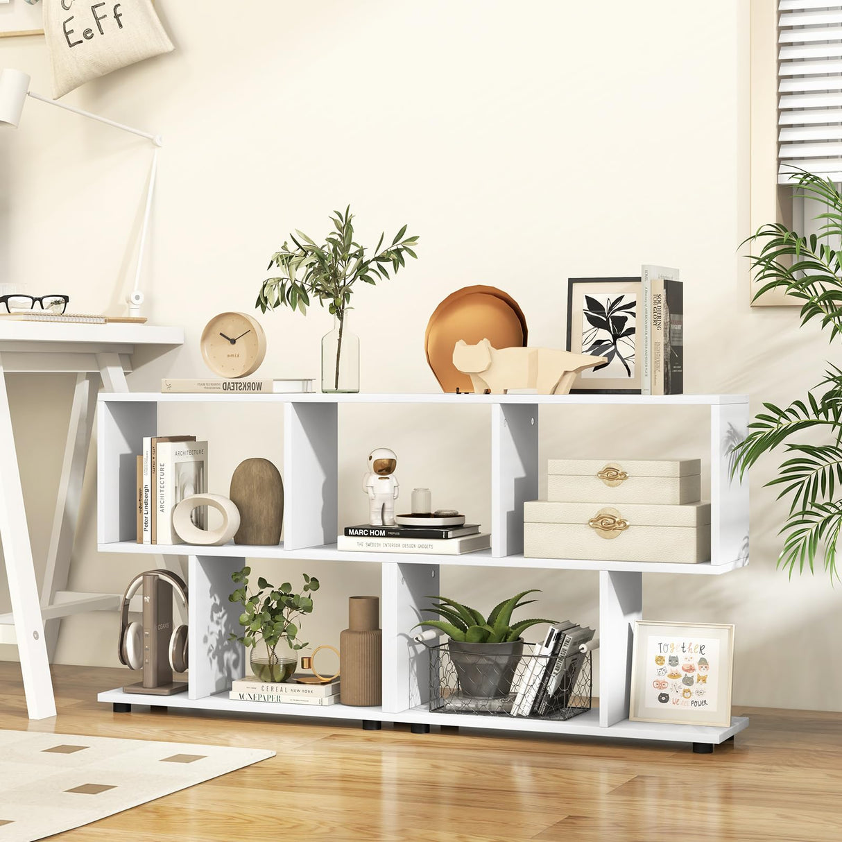 Tangkula 2 Tier Geometric Bookshelf, Freestanding Wood Display Shelf, Home Office Room Divider S Shaped Open Bookcase, Small Bookshelf for Small Spaces, Living Room, Study (White, 1) Tangkula