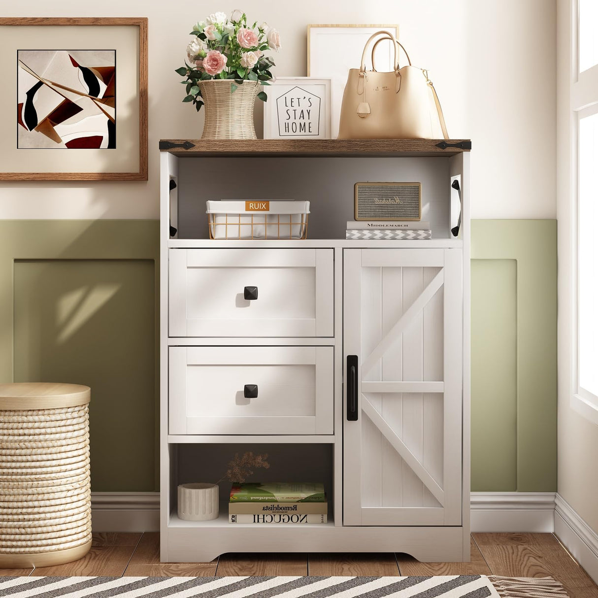 Fameill White Farmhouse Storage Cabinet with 2 Drawers & Shelves,Freestanding Storage Cabinet with Doors & Open Storage,Floor Storage Cabinet for Living Room,Bathroom,Kitchen,Laundry Fameill