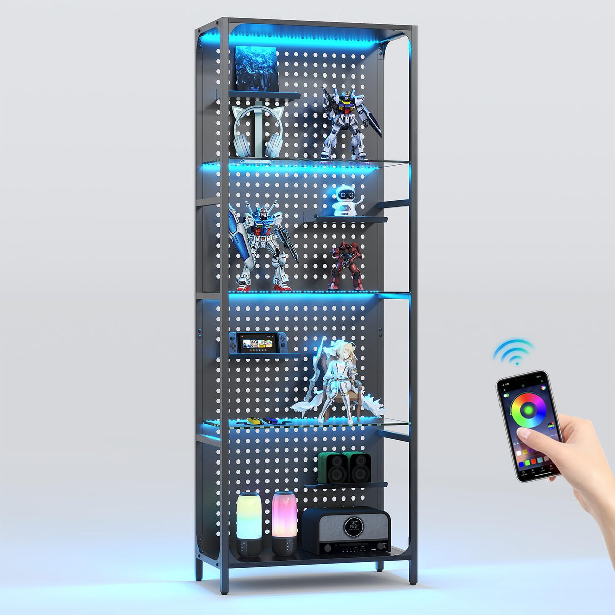 Saudism Glass Display Shelf for Collectibles, LED Black Shelf, Curio Cabinet, Lighted Tall Narrow Shelf with Pegboard Steel Frame for Gaming Room, Floor Lamp with Shelf, Living Room, Bedroom, Large Saudism