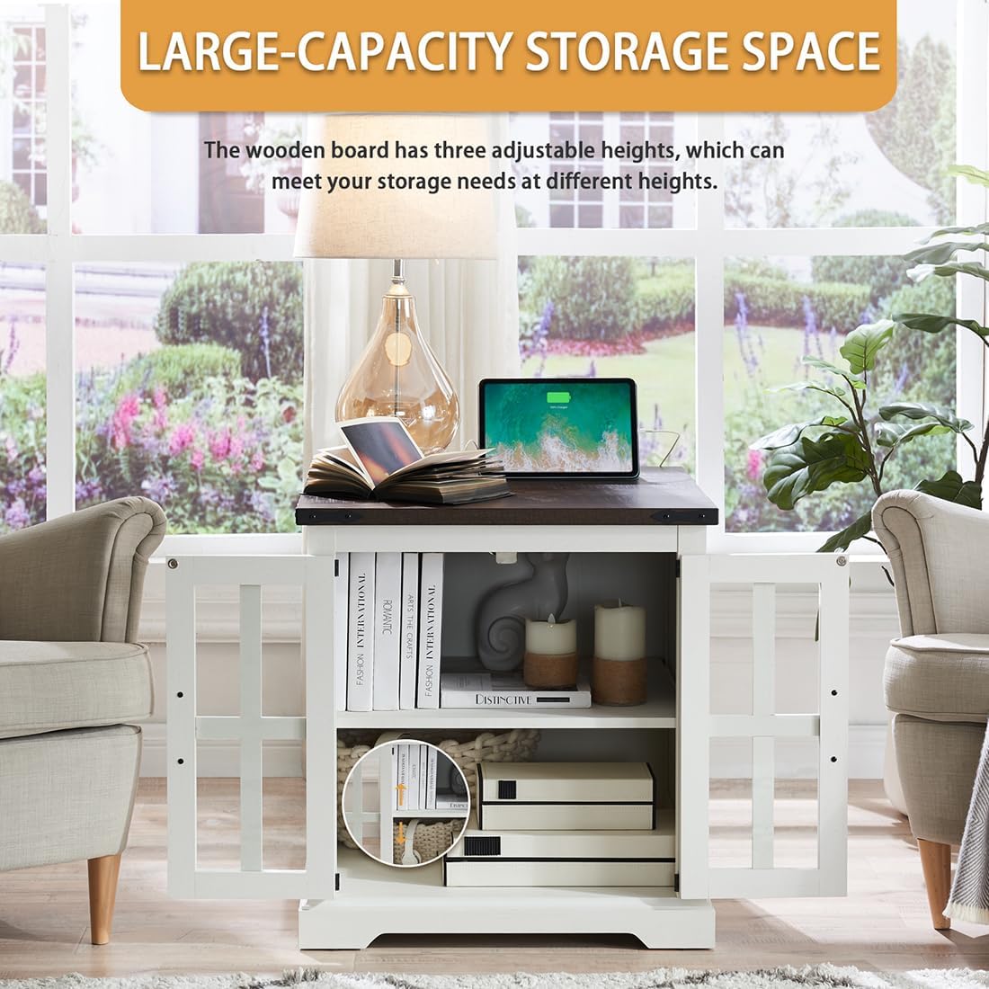 Barnyatoh Farmhouse End Table with Charging Station,24" Large Sofa Side Table with Glass Barn Door, Rustic Wood Nightstand Bedside Table with Adjustable Storage Shelf for Living Room, Bedroom,White Barnyatoh