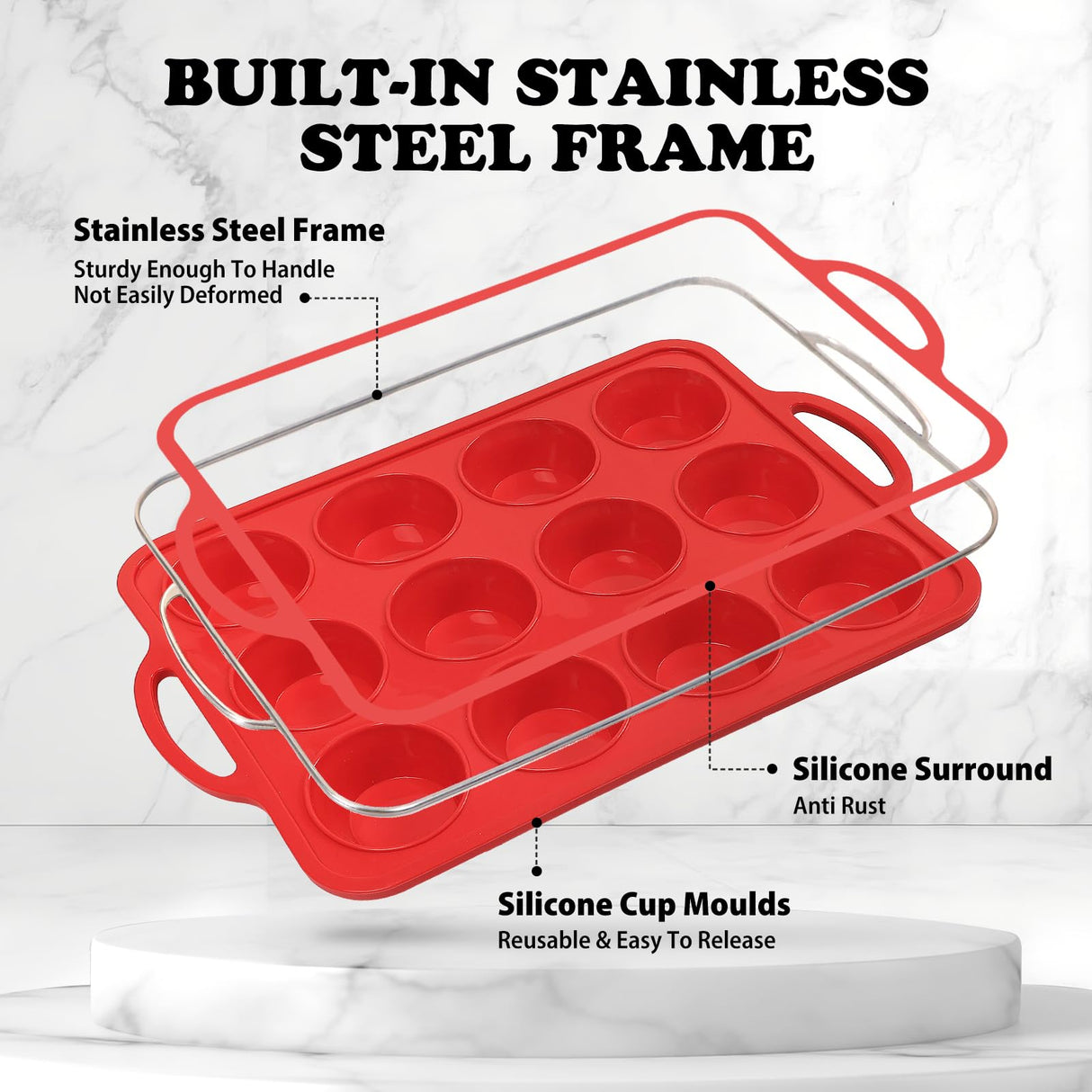 Foepoge 2 Pack Silicone Muffin Pan with Metal Frame, Non-stick Regular Silicone Cupcake Pan with Handles 12 Cup, Silicon Muffin Tin Tray for baking, egg bites, Cupcake Mold, BPA Free Red Foepoge