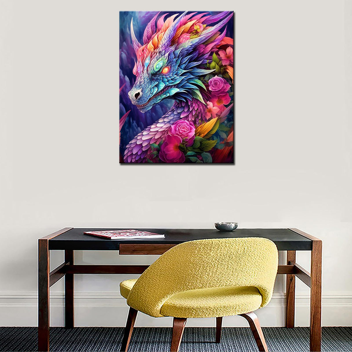 Fantasy Animal Dragon Diamond Painting DIY 5D, Numbering Kit, Tropical Pink Flowers Crystal Rhinestone Diamond Paintwork Mythical Wildlife Pictures Artwork Home Decor Adults Gift(12''Wx 16''H) TUMOVO