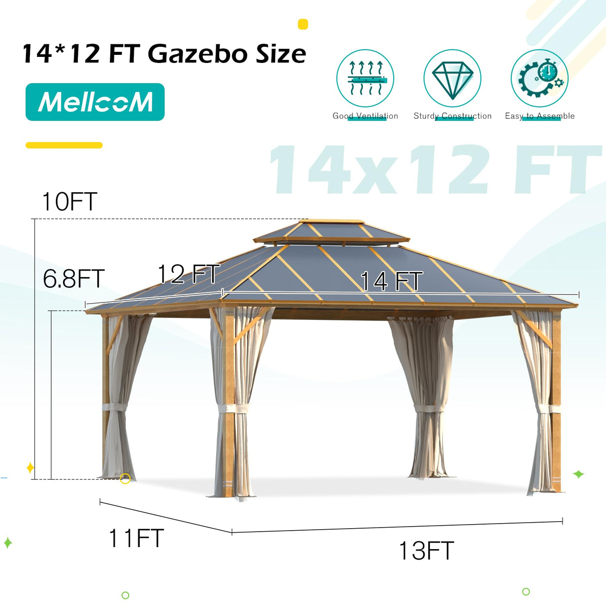 MELLCOM 12x14FT Hardtop Gazebo,Wooden Finish Coated Aluminum Patio Gazebo with Aluminum Composite Double Roof for Patio Lawn and Garden, Curtains and Netting Included MELLCOM