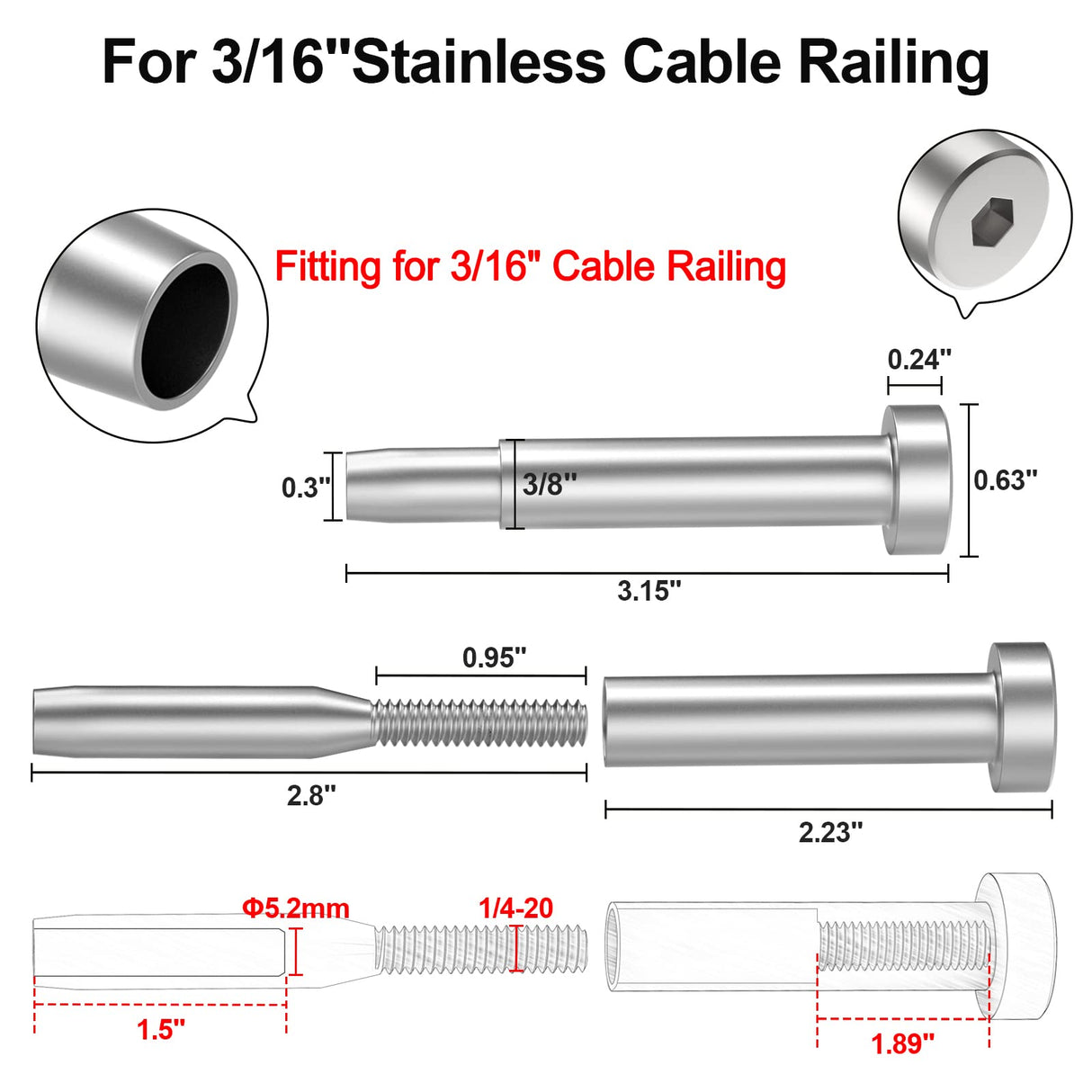 BLIKA 40 Pack 3/16" Invisible Cable Railing Kit, Stainless Steel Invisible Receiver and Swage Stud End, Cable Railing Tensioner 3/16" for 2"x2", 4"x4" Wood/Metal Posts, 3/16" Cable Railing Hardware BLIKA