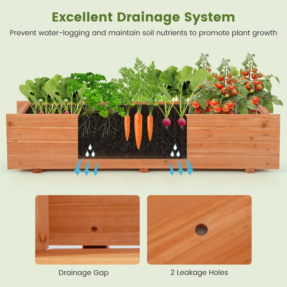 LDAILY Raised Garden Bed, 44" x 11" x 10" Wooden Planter Boxes with Removable Bottom & 2 Drainage Holes, Rectangle Flower Bed Outdoor, Wood Raised Beds for Garden Vegetable Herb LDAILY