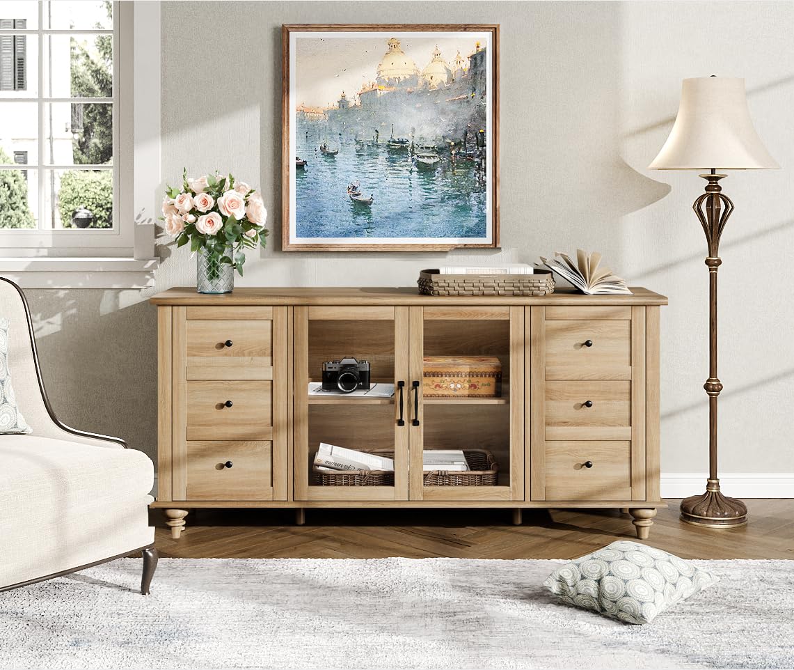 WAMPAT Farmhouse Sideboard Buffet Cabinet with Glass Door & Adjustable Shelf, Wooden Coffee Bar Table with Solid Wood Leg, Kitchen Storage Cabinet for Dining Room, Oak, 58 Inch WAMPAT