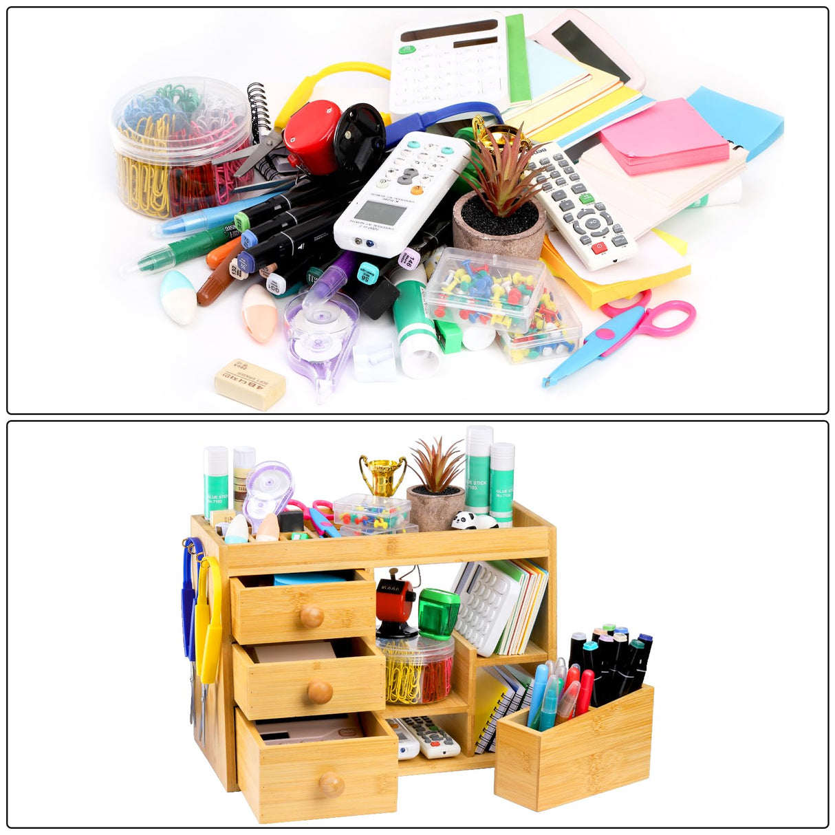 Elsjoy Bamboo Makeup Organizer with 3 Drawers & 12-Grid Lipstick Holder, Desk Bamboo Vanity Jewelry Organizer, Countertop Cosmetic Storage Box Stand with Hooks for Hanging Jewelry Elsjoy