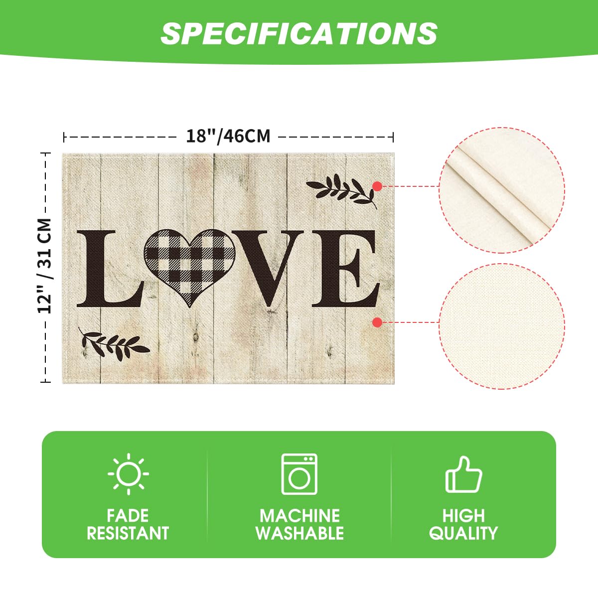 Artoid Mode Love Family Home Together Buffalo Plaid Placemats Set of 4, 12x18 Inch Farmhouse Table Mats Party Kitchen Dining Decoration Artoid Mode