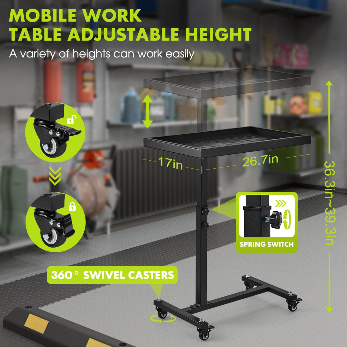 OLBRUS Adjustable Work Table with Wheels, Mechanic Rolling Tool Tray Table for Garage Repair Shops DIY, 220LBS Capacity Mobile Heavy Duty Steel Tool Cart OLBRUS